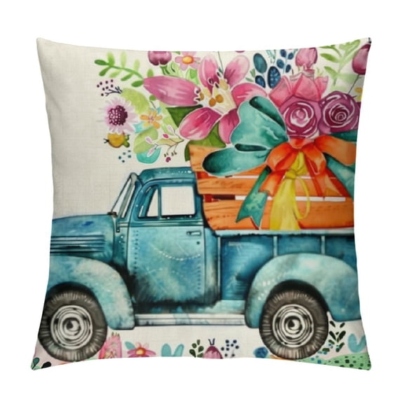 Nawypu Easter Throw Pillow Covers, Spring Floral Eggs Truck Farmhouse Holiday Cushion Case for Home Sofa Couch Decoration