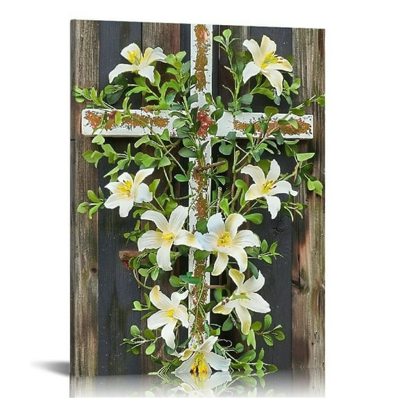 Nawypu Easter Wreath Cross Door Sign Easter Wooden Hanging Decorations Artificial Lily Flowers Easter Decor Christian Spring Jesus Hanger for Farmhouse Front Door Porch Wall Decor