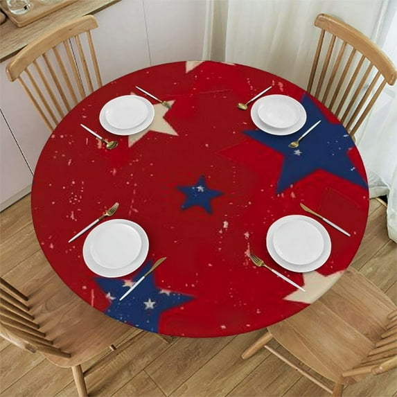 Nawypu   Elastic Table Cover Round Patriotic Red Blue Star Elastic Table Cover Washable Farmhouse Table Cloth Decorative for Picnic Party Holiday Home Indoor Outdoor，Multi-Size
