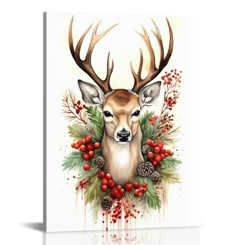Nawypu Elk Canvas Wall Art Christmas Deer Portrait Watercolor Rustic ...