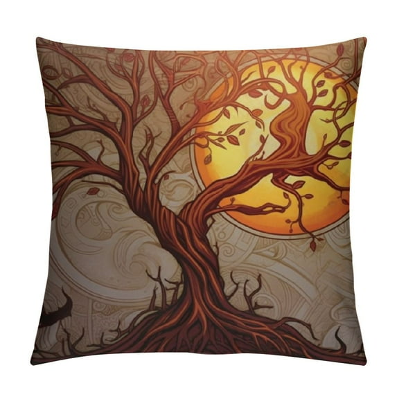 Nawypu Ethnic Throw Pillow Cushion Cover, Vintage Tree of Life Sun and Moon Elf on Branches Enchanted, Decorative Square Accent Pillow Case,Warm Taupe