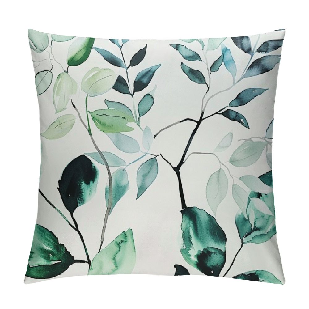 Eucalyptus Leaves Throw Pillow Covers 16x16, 2Pcs Green Leaf Plant Floral Mason Jar Decorative Pillow Cases Soft Cotton Square Cushion Cover For Bed Sofa Spring Season Home Decor