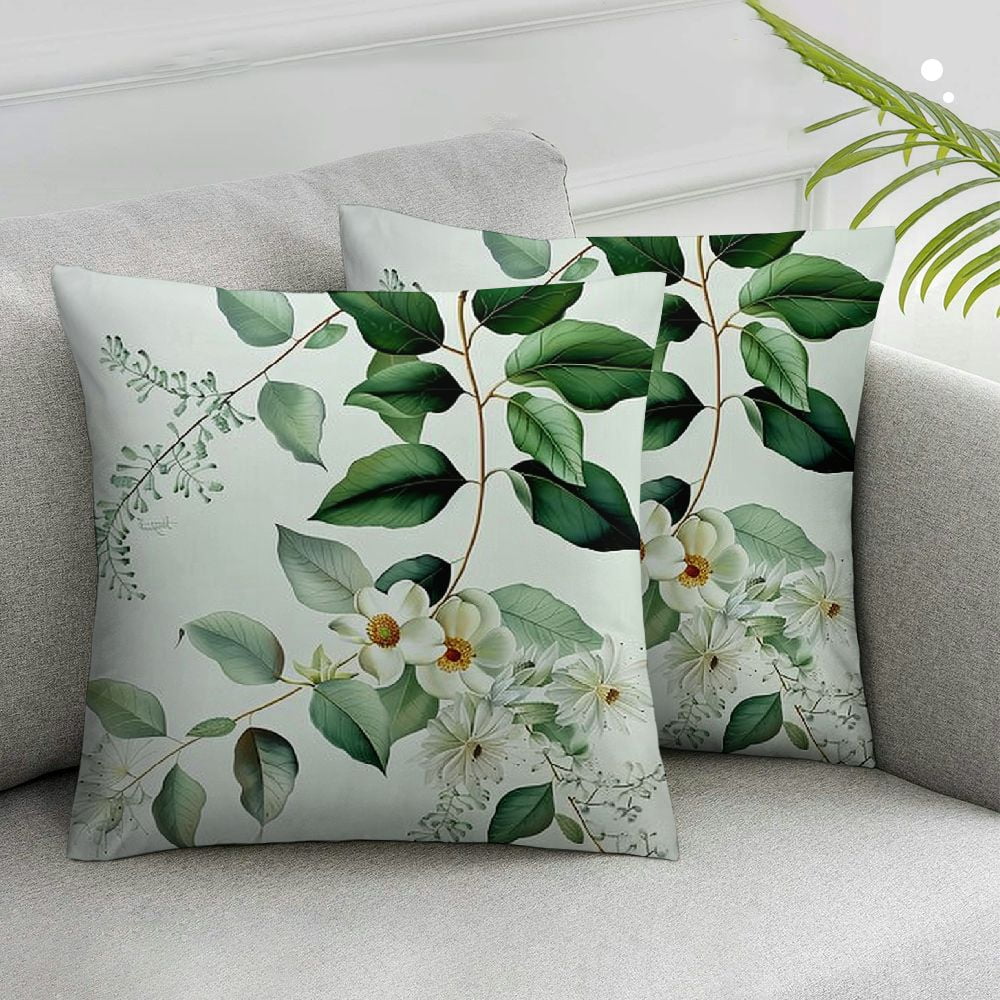 Awypu Eucalyptus Leaves Throw Pillow Covers Sage Green Leaf White ...