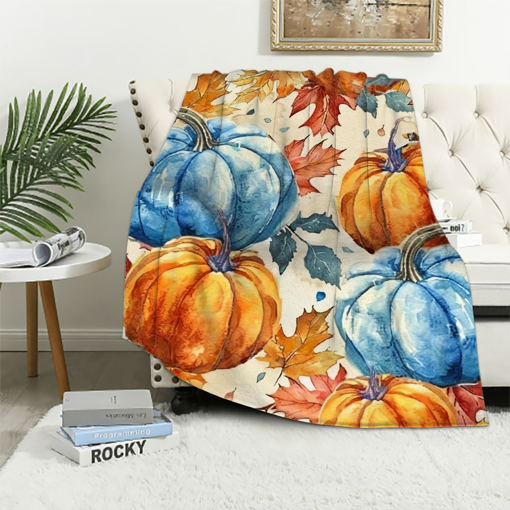 Nawypu Fall Pumpkins Throw Blanket, Autumn Orange White Blue Pumpkins