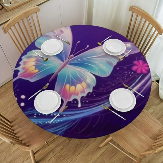 Nawypu Fantasy Butterflies Mystical Flowers Round Tablecloth 60Inch,Stain Resistant Washable Polyester Table Cloth with White, Non Slip Decorative Table Cover for Restaurant Dining Table Camping