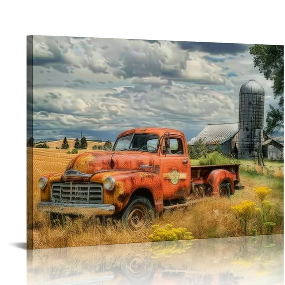Nawypu Farm Red Old Truck Wall Art Picture Tree and Hay Poster Canvas Art and Wall Art Picture Print Poster Modern Family Bedroom Office Decor