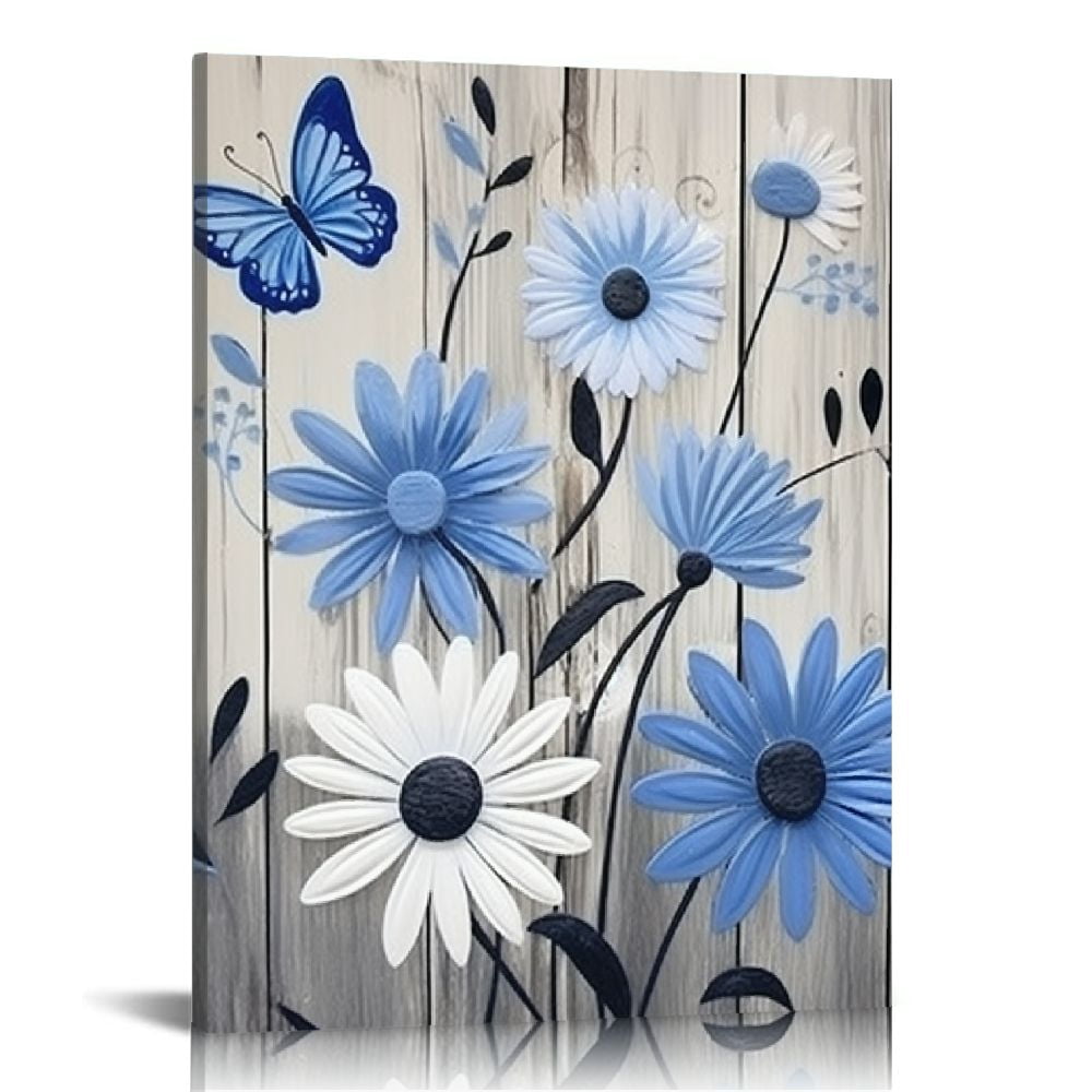 Nawypu Farmhouse Floral Wall Art for Living Room, Blue and White Daisy ...