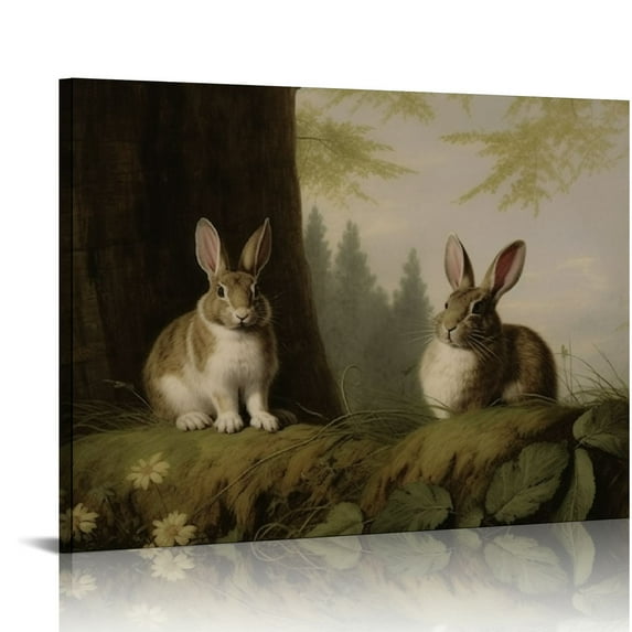 Nawypu Farmhouse Landscape Forest Pictures Bedroom - Art Decor Wall Art for Kitchen Art Prints- Rustic Vintage Decor for Living Room - Antique French Poster - Rabbit Cute Animal Moody Oil Painting