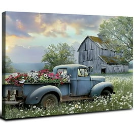 Farmhouse large outlet old red pickup truck w/flowers canvas