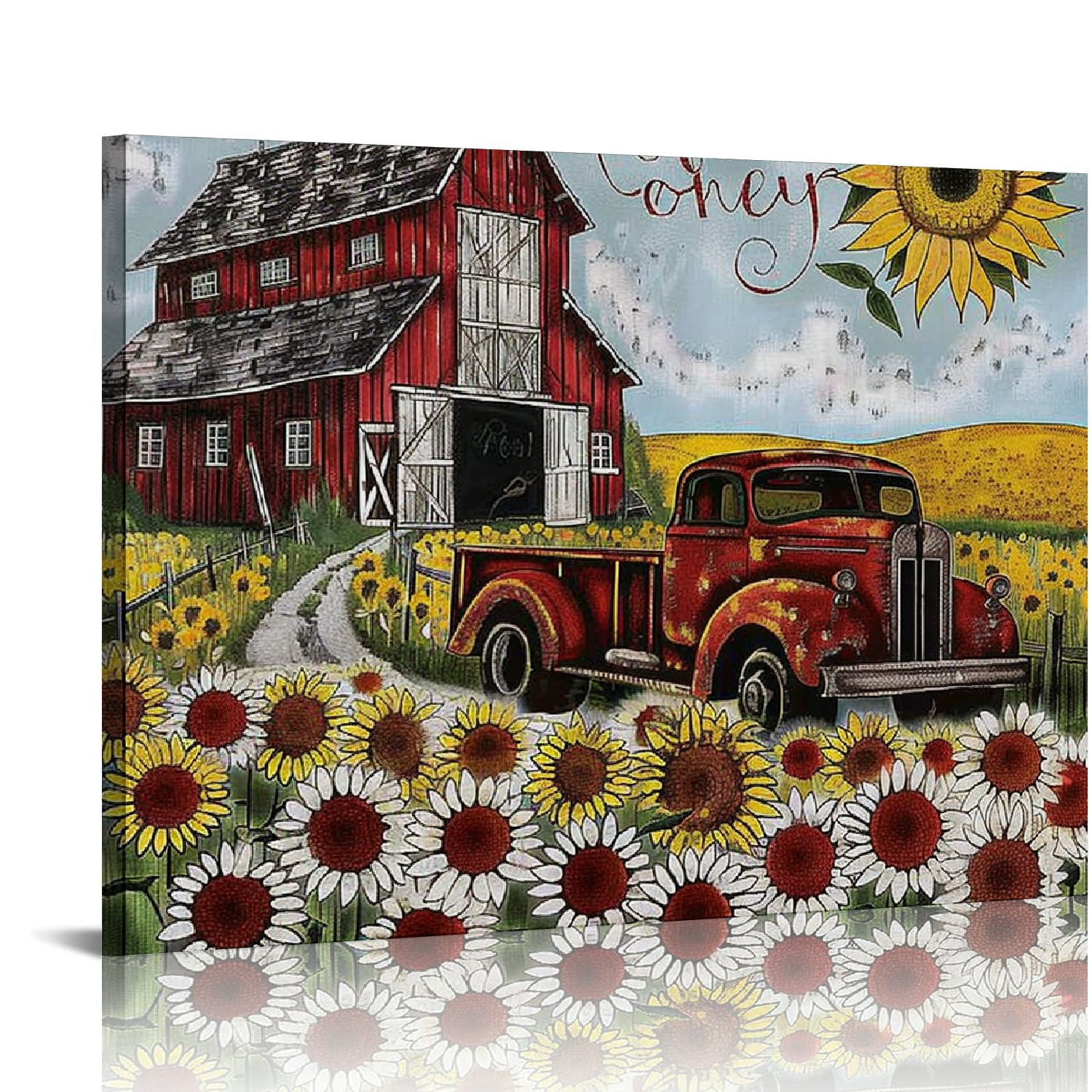 Nawypu Farmhouse Red Truck Sunflower Decor Wall Art Rustic Country ...
