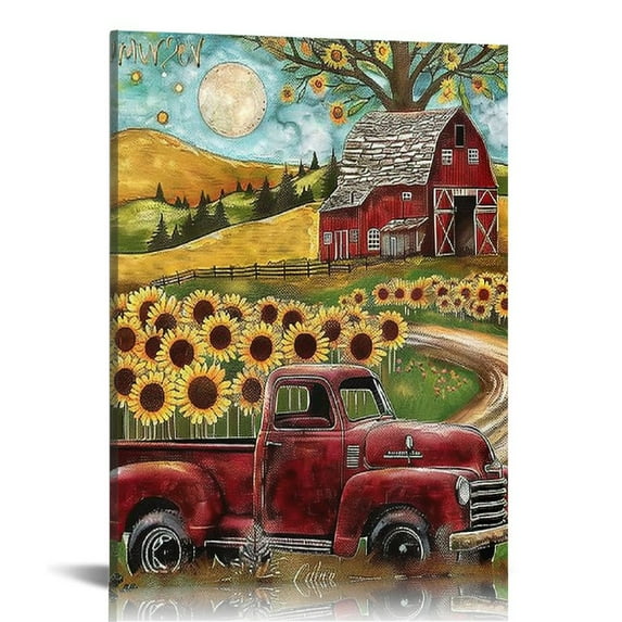 Nawypu Farmhouse Truck Wall Art Rustic Red Truck Sunflower Pictures Wall Decor Country Old Barn Windmill Painting Canvas Prints Modern Home Framed Artwork Decorations for Kitchen Bathroom