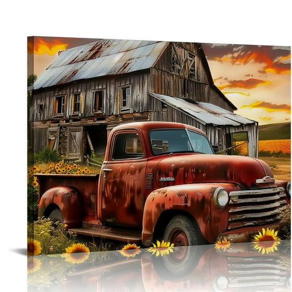 Nawypu Farmhouse Wall Art, Rustic Old Red Truck and Orange Daisy Floral with Sunset Canvas Wall Art, Country Wood Barn Wall Art for Living Room Bedroom Bathroom Home Decor Ready to Hanging