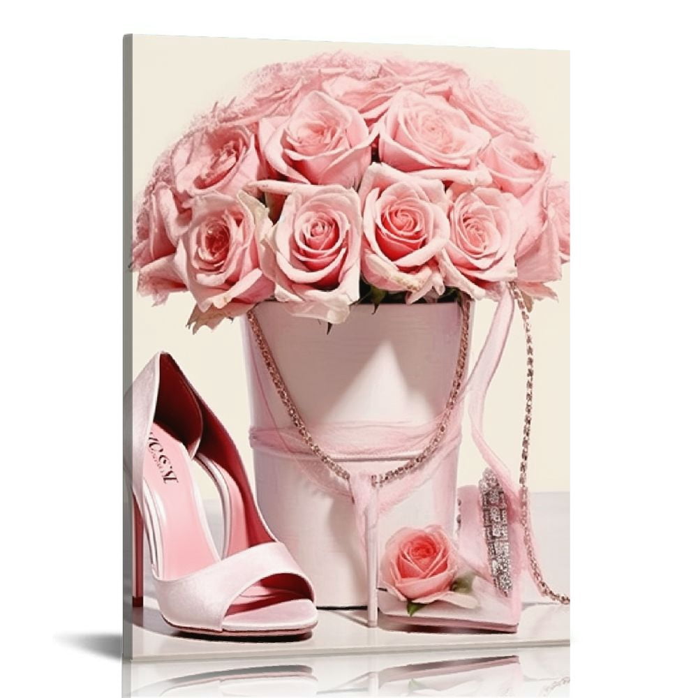 Nawypu Fashion Pink Makeup Wall Art Framed Perfume High Heels Pink Rose ...