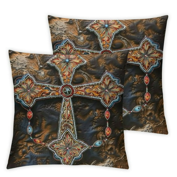 Nawypu Faux Leather Cross Throw Pillow Cases, Retro Western Leather Christian Cross Cozy Pillow Cover Square Cushion Case Pillowcase Decorative 2pc