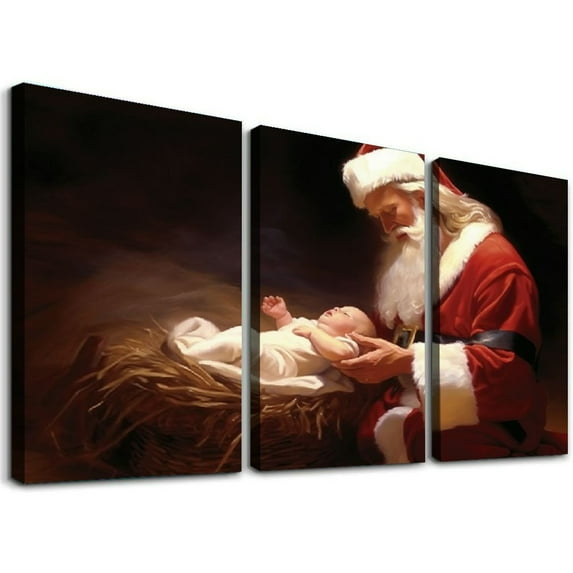 Nawypu 'First Christmas' Santa Claus Praying To Baby Jesus Nativity Poster Print Fine Art By Mark Spears 12''x16''X3 Panels