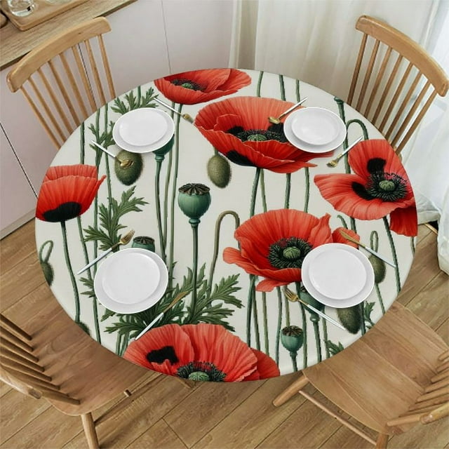 Nawypu Fitted Round Tablecloth with Elastic Edge Wipe Clean Red Poppies