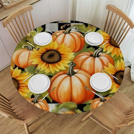 Nawypu Fitted Table Cover for Round Tables Thanksgiving Pumpkins Sunflowers Tablecloth with Elastic Edge,Waterproof Table Cloth Covers for Outdoor Patio Kitchen Dinning Party Black White Buffalo Check