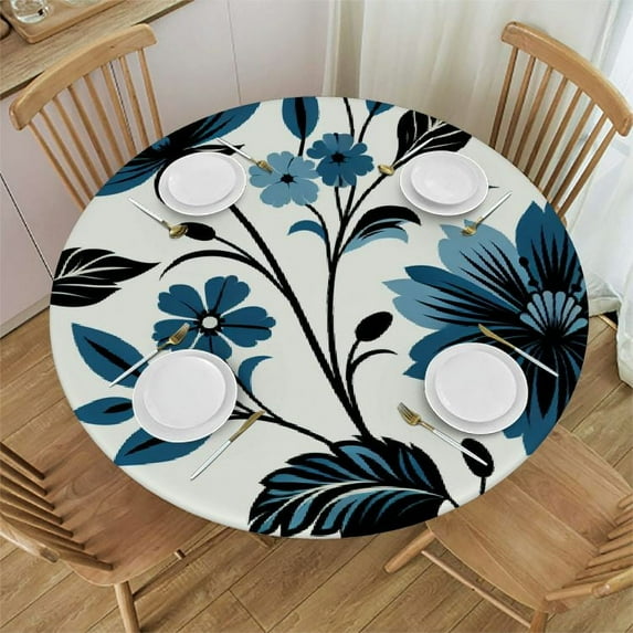 Nawypu Fitted Table Round Cover Elastic Edged Tablecloth,Country Navy Blue Flower Branch Circle Tables Cover Waterproof Wipeable Tabletop Protector Cloth for Dinner Party Line Plant Floral on White