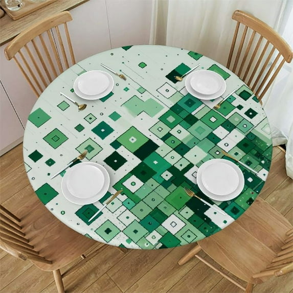 Nawypu Fitted Table Round Cover Elastic Edged Tablecloth,Jade Green Geometric Fragments Circle Tables Cover Waterproof Wipeable Tabletop Protector Cloth for Dinner Party Modern Gradient Art on White