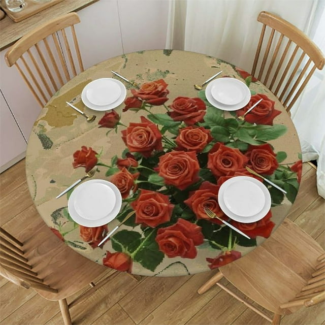 Nawypu Fitted Tablecloth for Round Table,Boho Tropical Abstract Botanical Arch Table Cover with Elastic Edge Waterproof Table Cloth,Orange Green Block Circle Table Covers for Kitchen Indoor Outdoor