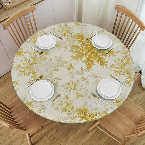Nawypu Fitted Tablecloth for Round Table,Christmas Golden Snowflake Seamless White Table Cover with Elastic Edge Waterproof Table Cloth,Winter Gold Foil Circle Table Covers for Kitchen Indoor