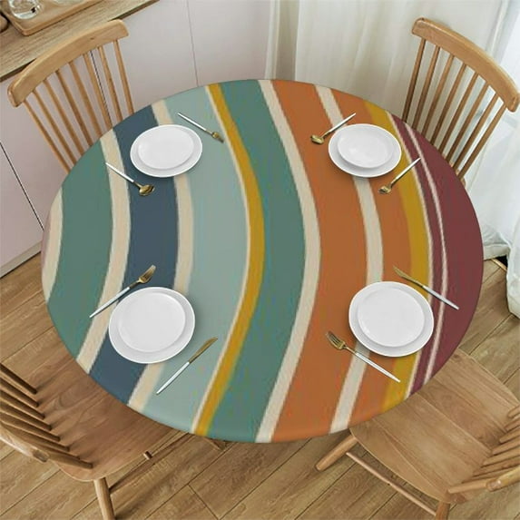 Nawypu Fitted Tablecloth for Round Table,Nordic Rainbow Retro Mid Century Style Table Cover with Elastic Edge Waterproof Table Cloth,Geometric Abstract Art Circle Table Covers for Kitchen Indoor