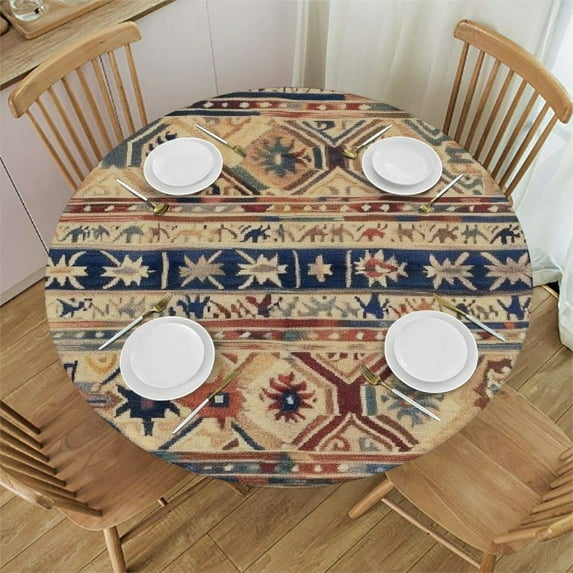 Nawypu Fitted Tablecloth for Round Table,Retro Nordic Morocco Diamonds Table Cover with Elastic Edge Waterproof Table Cloth,Boho Mid Century Tribal Totem Circle Table Covers for Kitchen Indoor