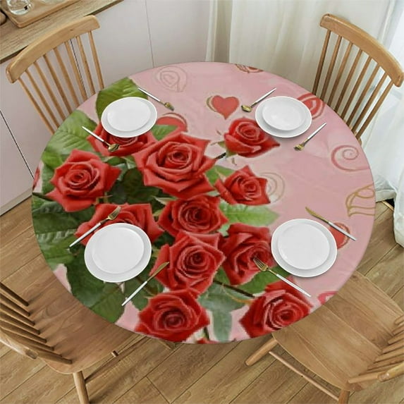 Nawypu Fitted Tablecloth for Round Table,Valentine's Day Love Botanical Flower Table Cover with Elastic Edge Waterproof Table Cloth,Boho Style Simple Art Circle Table Covers for Kitchen Indoor