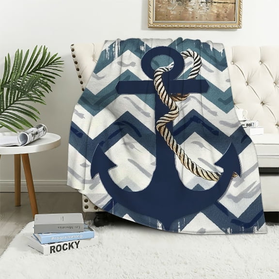 Nawypu Flannel Luxury Lightweight Cozy Couch/Bed Super Soft Warm Plush Throw Blanket,Nautical Navy Anchor with Gray and White Chevron