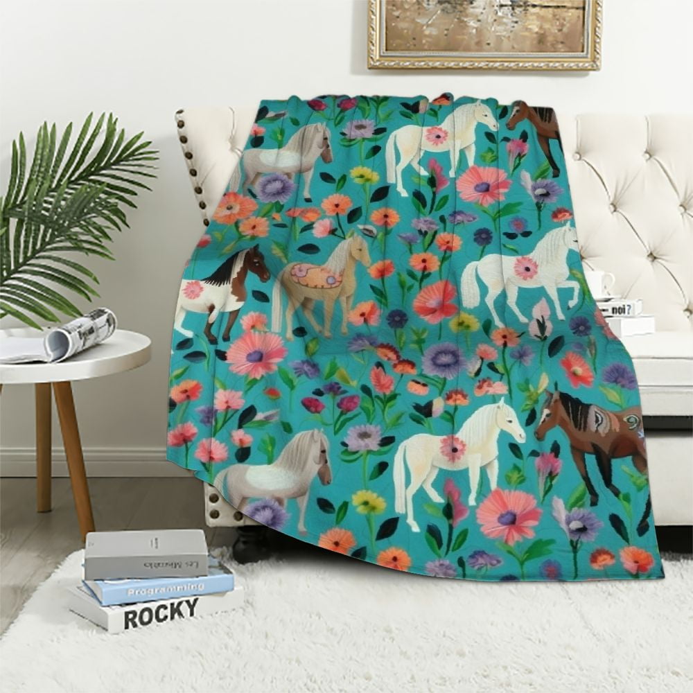 Nawypu Flannel Plush Throw Blanket,Horses Floral Horse Breeds Farm