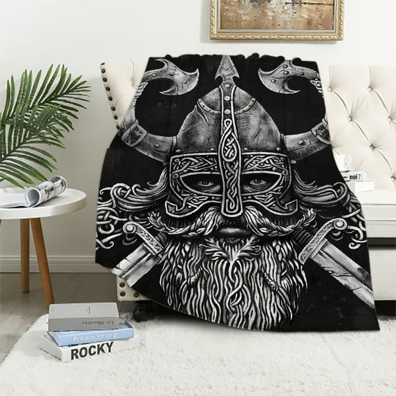 Nawypu Flannel Throw Blanket Norse God Odin with Crows and Swords Viking Warrior Engraving Style on The Black Home Decorative Warm Cozy Soft Blanket for Couch Sofa Bed