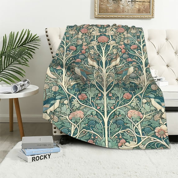 Nawypu Floral Blanket,Teal Garden Vintage Print Super Soft Flannel Throw Blanket for Bed Sofa
