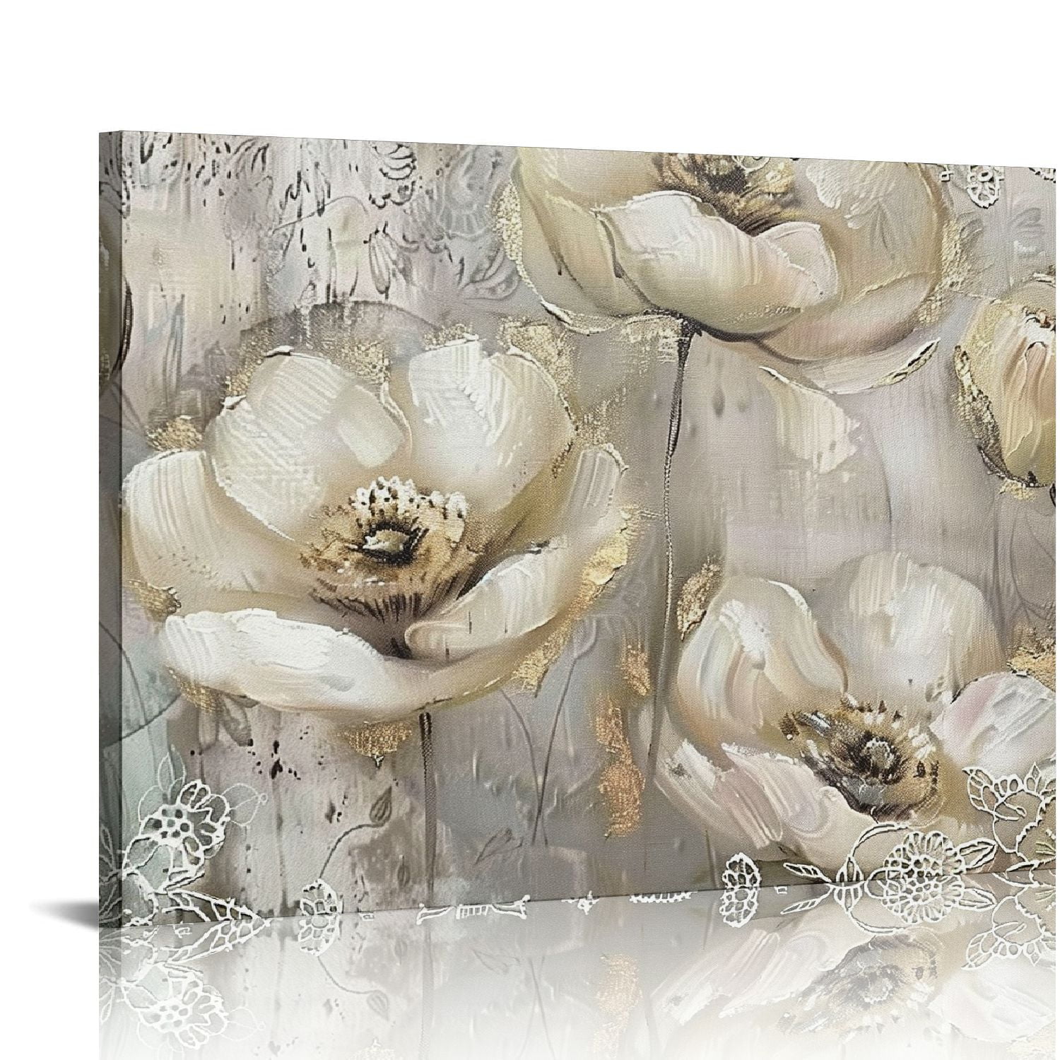 Nawypu Floral Elegance Canvas Wall Art Beige, Ivory Embellished