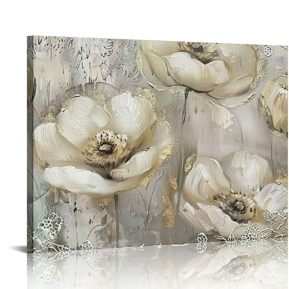 Nawypu Floral Elegance Canvas Wall Art - Beige, Ivory - Embellished Magnolia Designs - Large Flower Artwork Picture for Bedroom, Living Room, Hallway, Dining