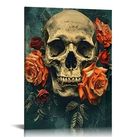 Nawypu Floral Skull Canvas Wall Art Vintage Orange Rose Human Skeleton Picture for Gothic Home Decor Stretched and Framed Ready to Hang