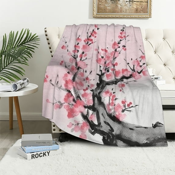 Nawypu  Floral Throw Blanket, Japanese Cherry Blossom Sakura Tree Branch Soft Pastel Watercolor Print, Flannel Accent Piece Soft Couch Cover for Adults, Pink Coral