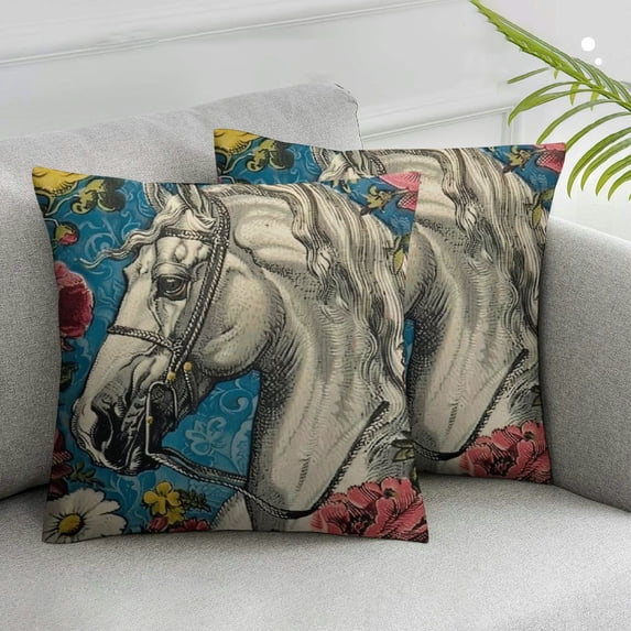 CMMY Floral Throw Pillow Cushion Cover, Boho Style Horse Portrait with Blossoming Poppy Wreath Illustration, Decorative Square Accent Pillow Case 2pcs White