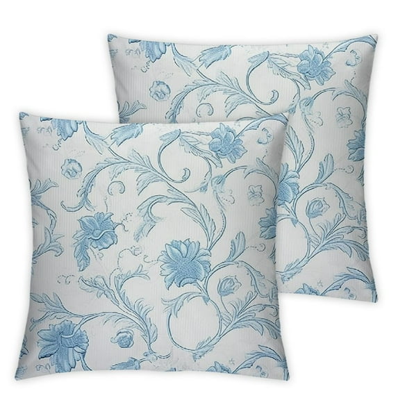 Nawypu Floral Throw Pillow Cushion Cover, Flower Orchids Bohemian Style Vintage Petals Vines Pattern French Country Style, Decorative Square Accent Pillow Case, 2pcs White Blue