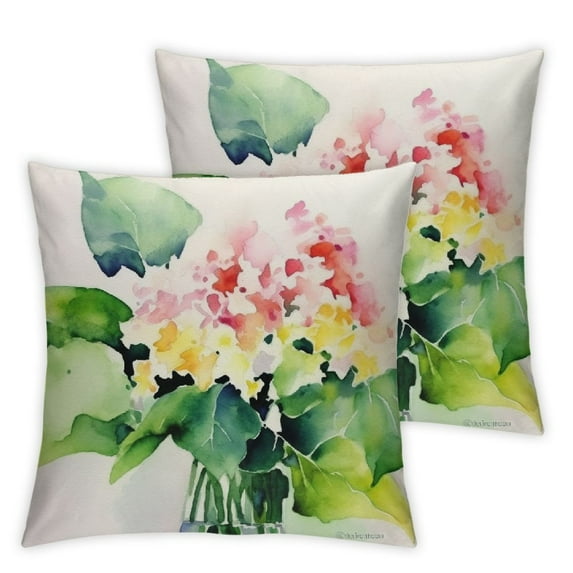 Nawypu  Floral Throw Pillow Cushion Cover, Hydrangea Flower Bouquet in Watercolor Blossoms Botany Petals Image, Decorative Square Accent Pillow Case, 2pcs, Forest Green Yellow Pink