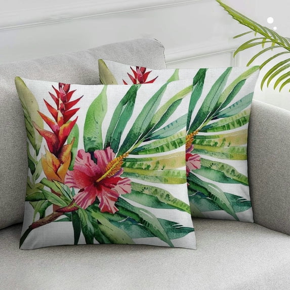 Nawypu Floral Throw Pillow Cushion Cover, Wild Tropical Orchid Flower Large Leaves Exotic Tropic Petals Picture, Decorative Square Accent Pillow Case, Fuchsia Forest Green 2pcs 24x24in
