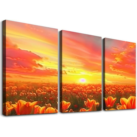 Nawypu Floral canvas wall art, Beautiful Tulip Field at Sunrise Picture Print, Floral Watercolor Artwork Ready to Hang Bedroom Living Room Office