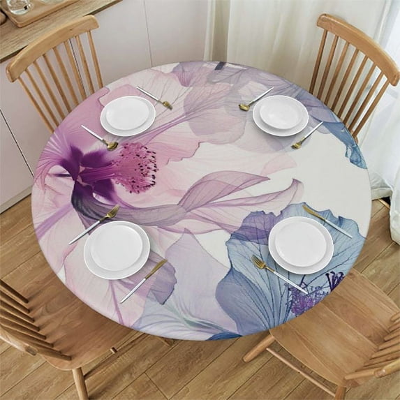Nawypu Flower-12 Waterproof Resistant Fabric Round Tablecloth for 36in, 44in, 48in, 52in, 60in, 70in Round Tables White
