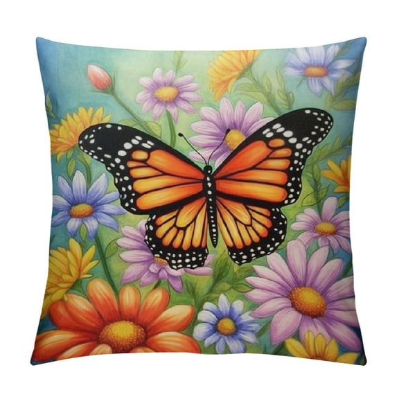 Nawypu  Flower Butterfly Throw Pillow Covers Watercolor&nbsp;Daisy&nbsp;Tulip Farmhouse Cushion Cover Spring Floral Pillow Case Outdoor Animal Pillowcase&nbsp;(Butterfly )