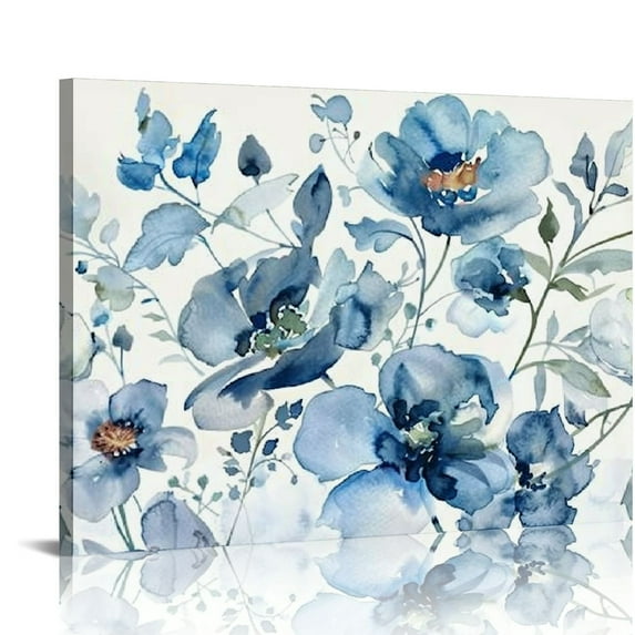 Nawypu Flower Canvas Wall Art Blue Floral Canvas Painting Pictures for Gallery Wall Decor Butterfly Flies in Indigo Flowers Canvas Prints Artwork for Living Room Bedroom Home Wall Decorations