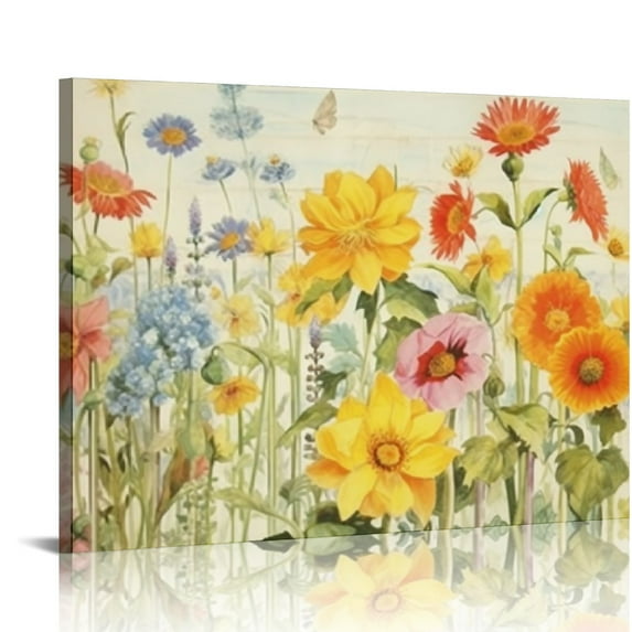Nawypu Flower Canvas Wall Art Farmhouse Flower Reeds Canvas Pictures Rustic Yellow Pink Blue Floral Blossom Canvas Painting Vintage Botanical Artwork for Living Room Bedroom Home Office Wall Decor