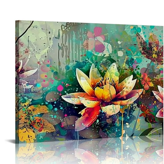 Nawypu  Flower Canvas Wall Art for Living Room, Colorful Floral Wall Decor for Bedroom, Watercolor Lotus Painting, Print Picture Decoration Gift for Girl, Size