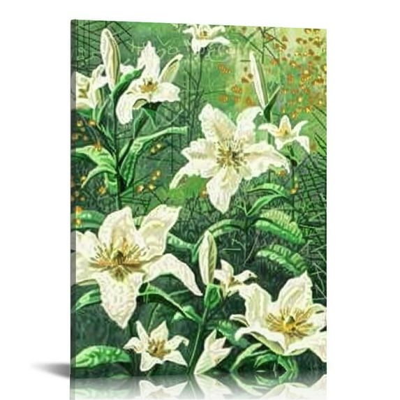 Nawypu Flower Canvas Wall Art White Lily Floral on Green Picture Painting Giclee Print Artwork Framed Bedroom Bathroom Decorations Ready to Hang