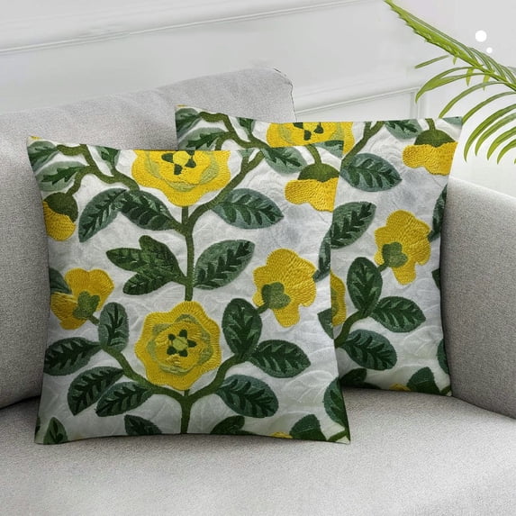 CMMY Flower Farmhouse Decorative Throw Pillow Cover  2pcs, Cottage Floral Green Leaves Pattern, Canvas Cushion Case for Sofa Couch Bed Living Room(Yellow Flowers) 20x20in