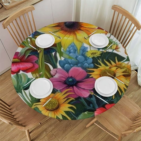 Nawypu Flower Floral Round Fitted Tablecloth, Sunflower Poppy Barley Round Table Cloth with Elastic Edged, Waterproof Wipeable Table Cover Fits Tables up to Diameter