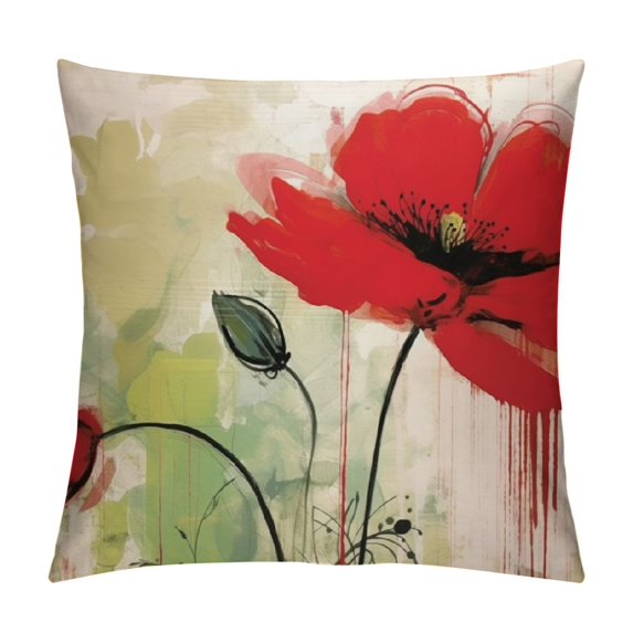 Nawypu Flower Throw Pillow Cushion Cover, Red Poppy Flower Grungy Paint Brush Effect Beige Floral Design Digital Art Print, Decorative Square Accent Pillow Case
